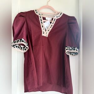 ENTRO Burgundy Leopard Collar Blouse NWT